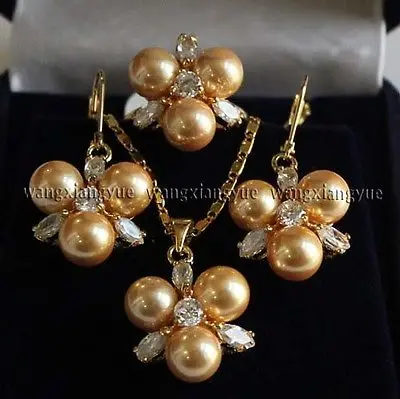 

8MM Golden South sea Shell Pearl Earrings /Ring / Necklace Pendant Set >^^1>18K gold plated watch Quartz stone CZ crystal