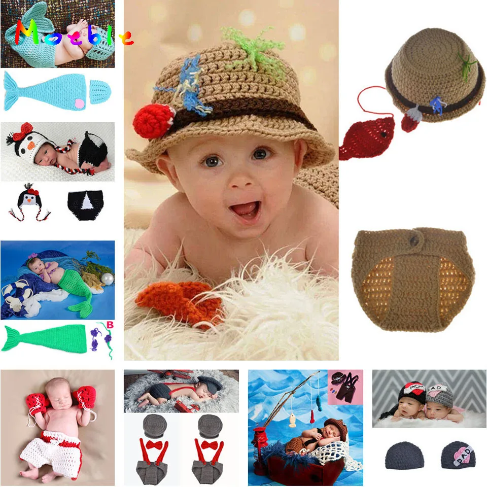 Newborn Baby Crochet Fishman Hat Pants Set with Fish Infant Photography Props Outfits 1set MZS-15070 | Детская одежда и обувь