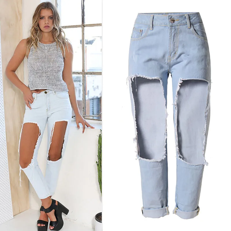 Blue Boy Friend Jeans Ripped Jeans for Women 2016 Summer Style Loose Holes Staight Crop Jeans