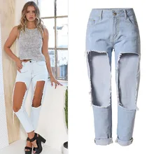 Blue Boy Friend Jeans Ripped Jeans for Women 2016 Summer Style Loose Holes Staight Crop Jeans