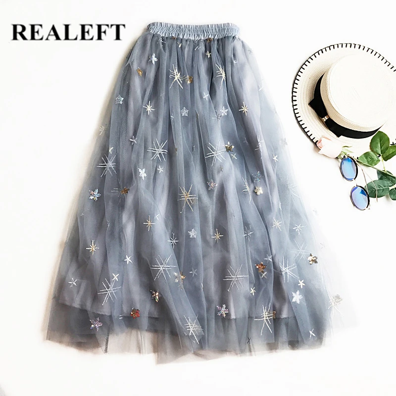 REALEFT/Новое поступление, женские элегантные длинные юбки с вышивкой, высокая талия, шикарные миди-голени, вечерние тюлевые юбки с принтом для женщин s