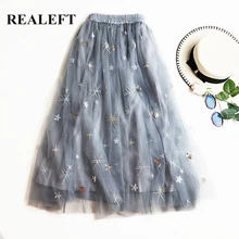 REALEFT/Новое поступление, женские элегантные длинные юбки с вышивкой, высокая талия, шикарные миди-голени, вечерние тюлевые юбки с принтом для женщин s