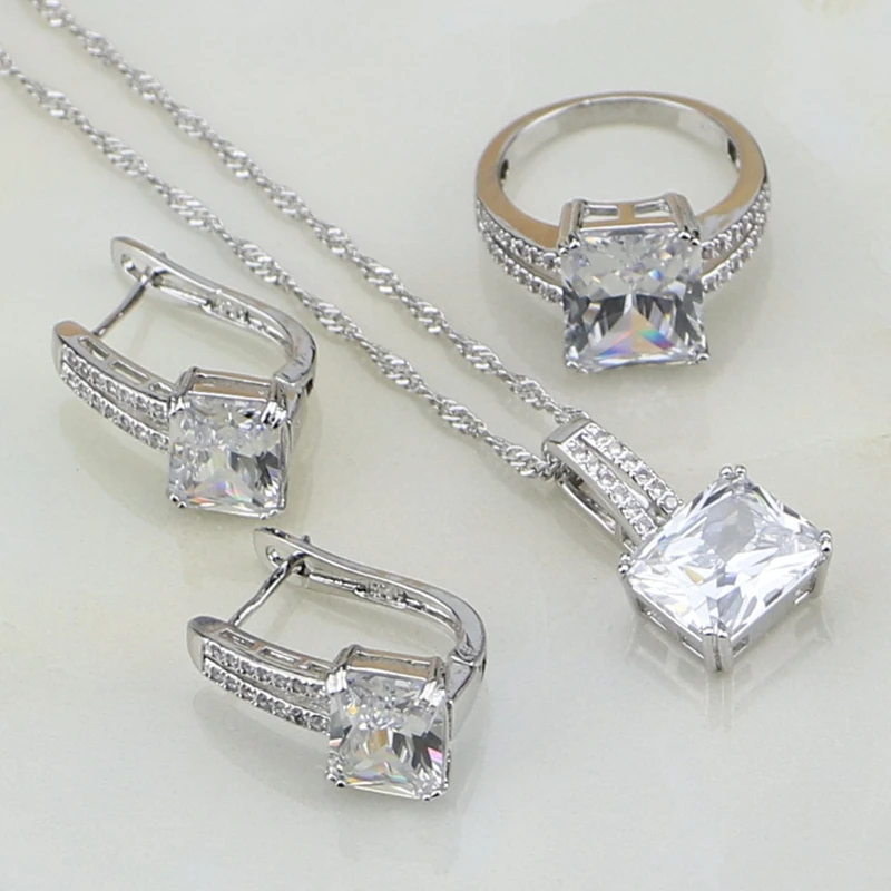 925 серебряные ювелирные наборы для женщин Свадебные аксессуары белый кубический цирконий кристалл серьги/кулон/ожерелье/кольцо