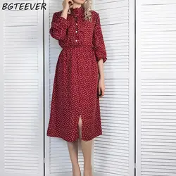 BGTEEVER элегантный воротник-стойка в горошек шифоновое женское платье с расклешенными рукавами сбоку разделение женское платье 2019 Весна для