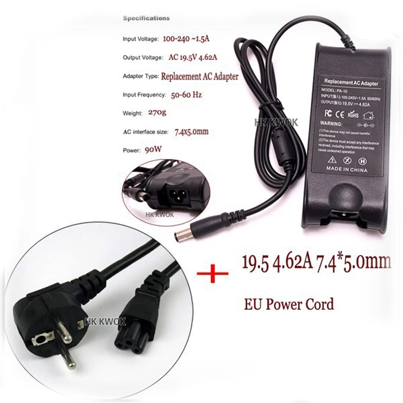 Power Adapter For DELL Laptop 19.5V 4.62A + EU Plug For Dell inspiron PA-10 1545 N4010 N4030 N4050 D610 D620 D630 Pa-1900-02D
