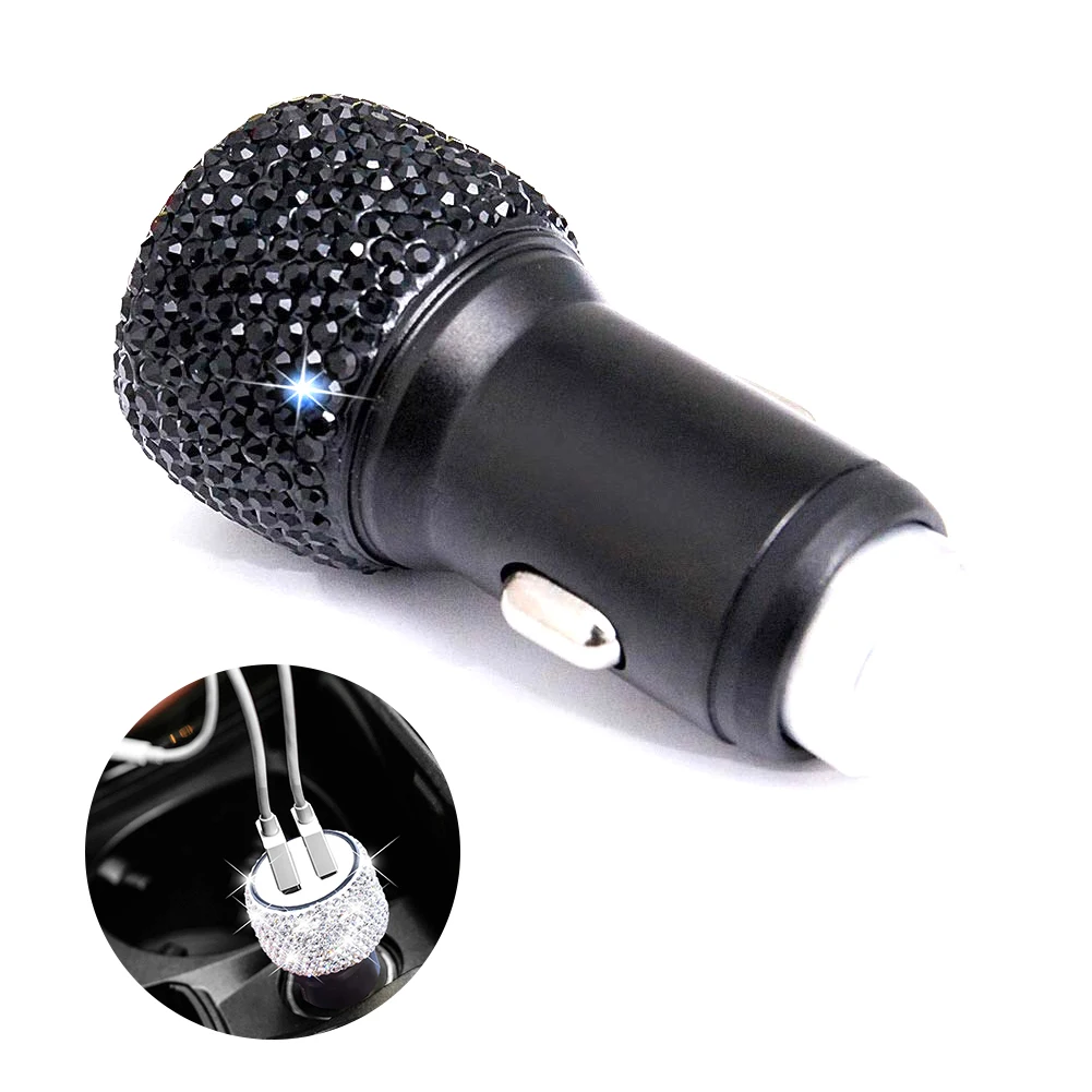 

Diamond Dual USB Car Charger 3D Bling Rhinestone for Apple Android Device Cigarette Lighter Adapter Safety Hammer Car Accessory