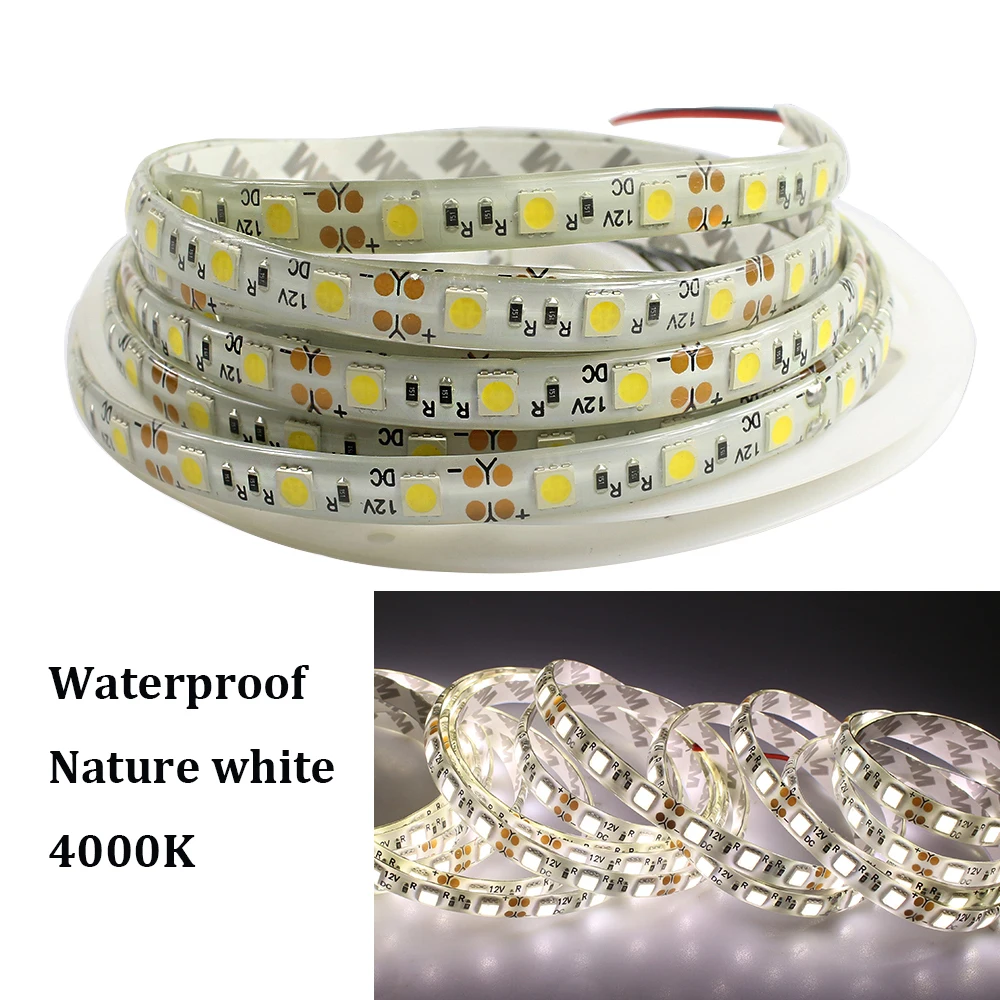 

High brightness Nature white 4000K LED Strip Flexible Lights DC12V SMD 5050 5M 60led/M IP65 Waterproof led String Ribbon lamp