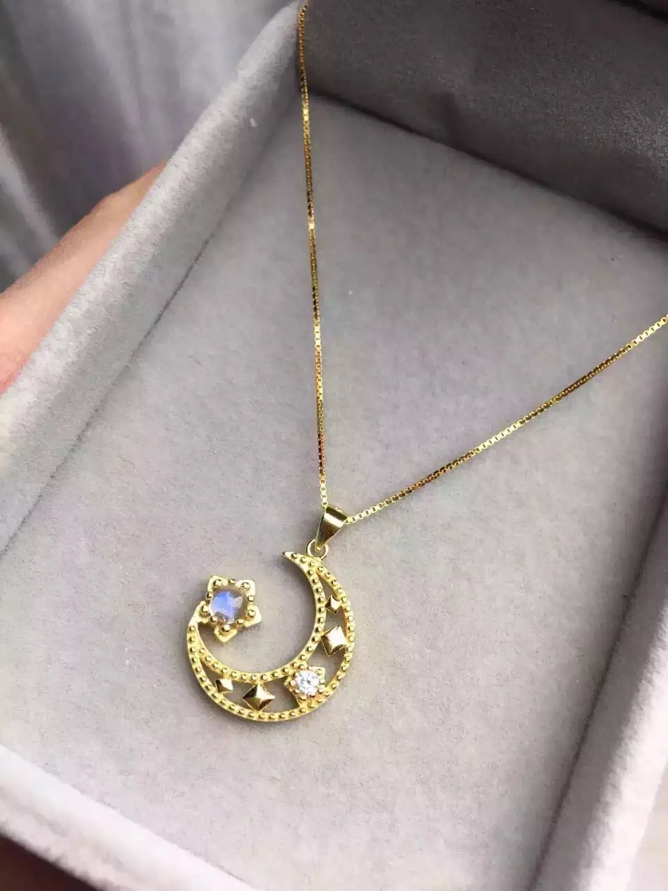 Uloveido Natural Moonstone Moon Star Pendant Necklace Women 925