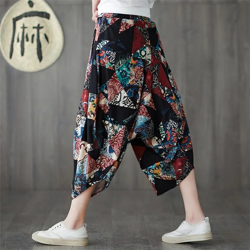 Women Summer WideLeg Pants Vintage Luxury Print Cotton Linen Capri Pants Elastic Waist Casual Harem Pants Women Summer WideLeg Pants Vintage Luxury Print Cotton Linen Capri Pants Elastic Waist Casual Harem Pants