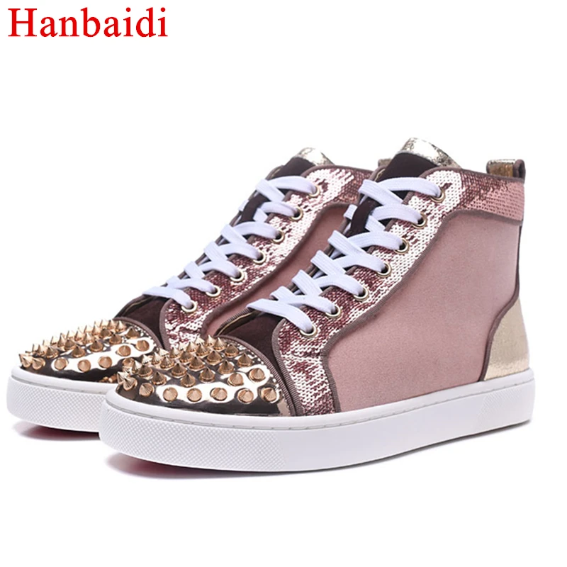 

Hanbaidi Luxury Brand Pink Flock Casual Shoes Fashion Chic Bling Bling High Top Lace Up Rivets Studed Mens Laofers Zapatos Mujer