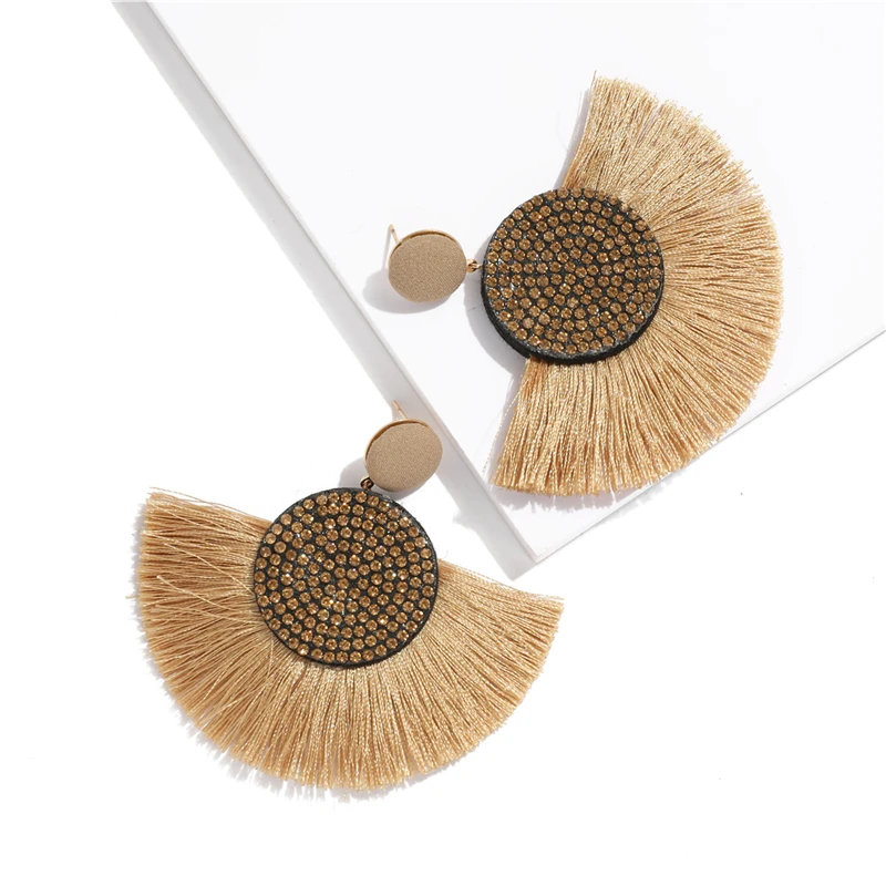 

Hot sale Bohemian Tassel Earrings Statement Luxury Rhinestone Long Drop Earring Handmade Women Geometric Fringe Big