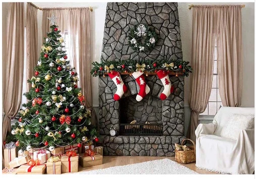 7x5ft Stones Fireplace Living Room Chair Christmas Tree Washable Wrinkle Free Photo Studio Background Backdrop Polyester Fabric |