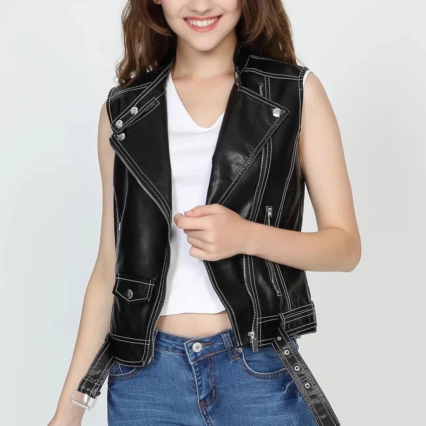 New Fashion Women Leather Vest Sleeveless Leather jacket Pockets colete feminino PU vest Waist