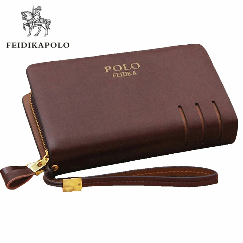 Men's Cow Split Leather Wallets Business Long FEIDIKAPOLO Brand Clutch Male Double Zipper Purses Portemonne Portafogli Uomo