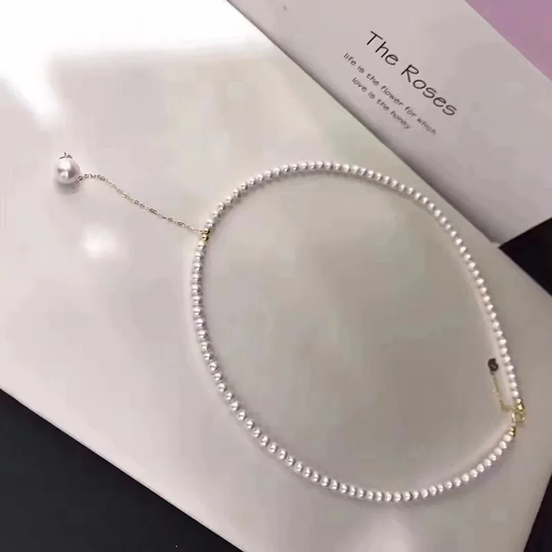 Sinya 18k Gold natural Round Pearls choker necklace for women ladies lover choker pearls diameter 3-4mm high luster cute jewelry (3)