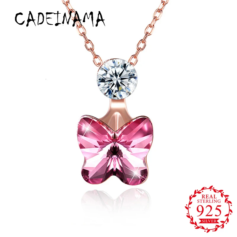

CADEINAMA Austrian Crystal Pendant Necklace Fashion Butterfly 100% 925 Sterling Silver Charms Choker Neckalce Women Jewelry Gift