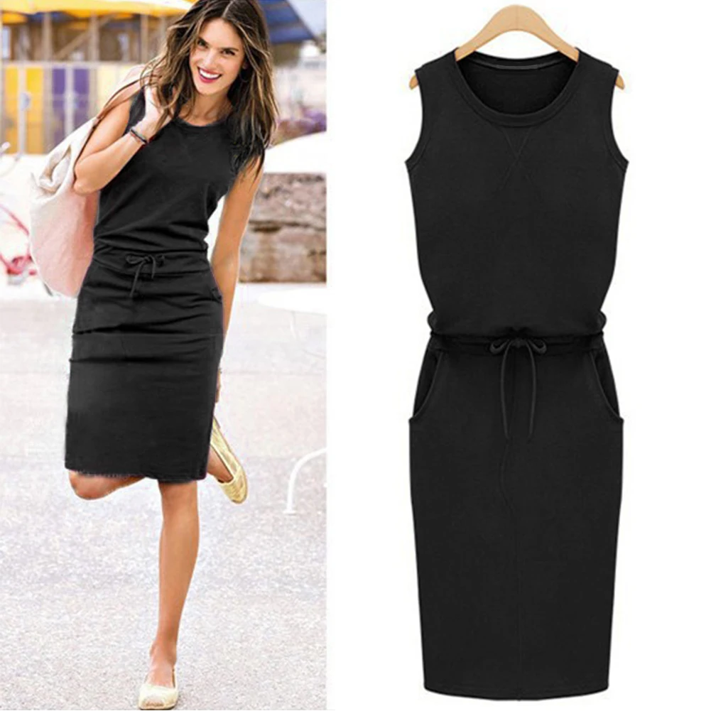 black Casual Sleeveless O Neck Belt Midi Sheath Dress