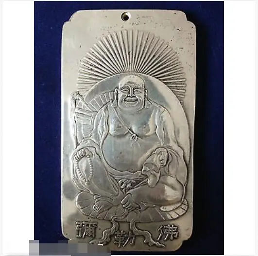 

Chinese Tibet Silver Maitreya Buddha happy buddha Bullion Thanka Amulet Thangka Exquisite Small Pendant Statues