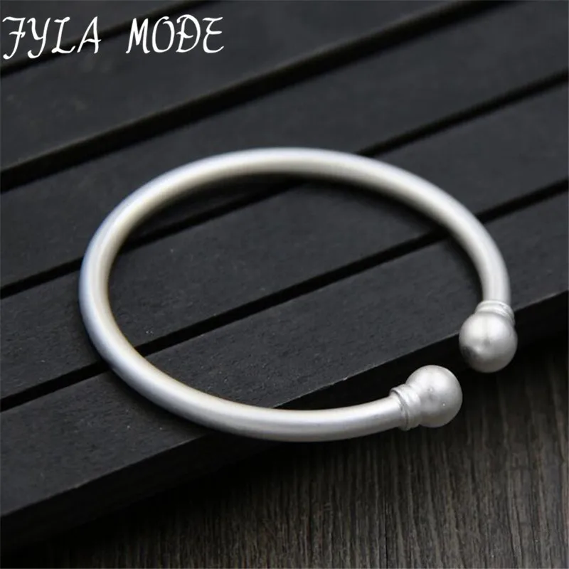 Fyla Mode Double Ball Charms Simple Matte Bangle 100% S999 Sterling Silver Bracelet Bangle For Men or Women Fine Jewelry 4MM double layered bangle bracelet