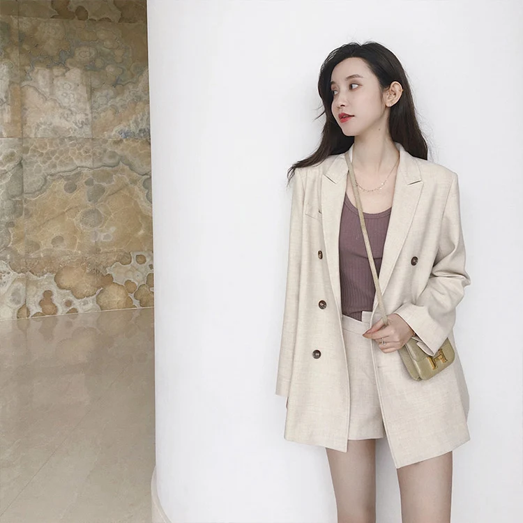 

2019 Women Set] Spring and summer cotton and linen casual small suit + shorts two-piece suit ladies suit air conditioning Blazer