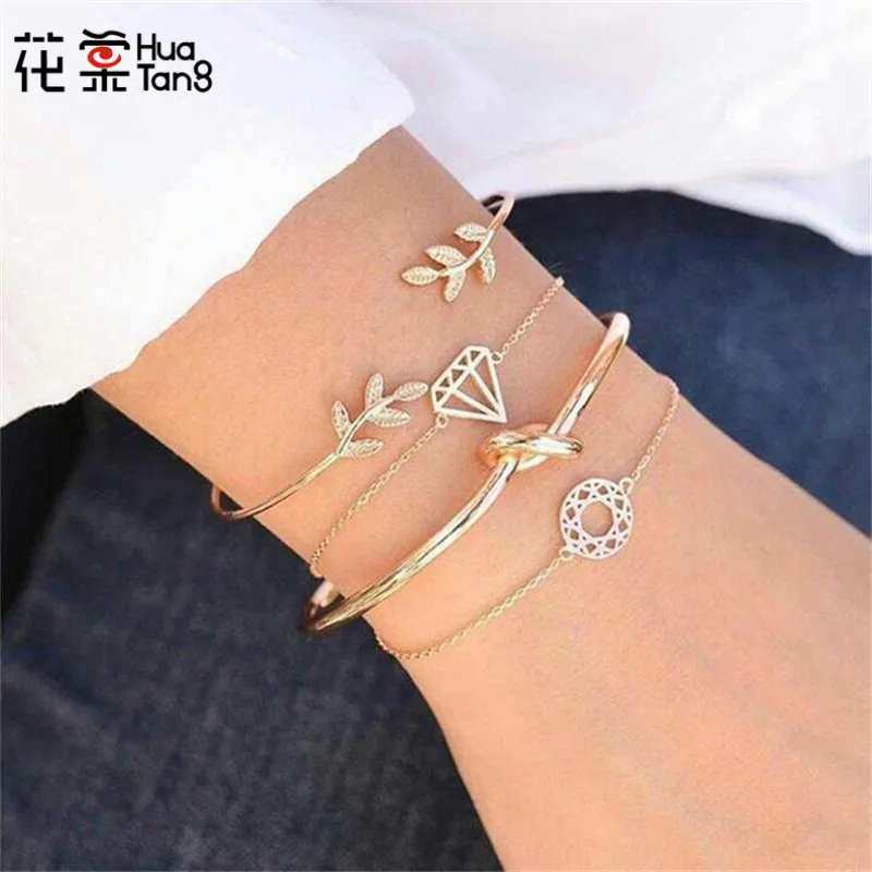 

HuaTang Gold Color Plated Geometric Adjustable Bracelet Women Fashion Leaf Hollow Simple Bracelet Set Bangle Jewelry 6115
