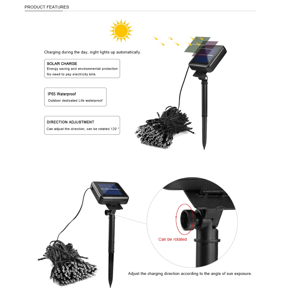 1 комплект, 7 м, 12 м, 22 м, уличный водонепроницаемый IP65 Светодиодный светильник на солнечных батареях, светильник с датчиком, садовый светильник, декор для праздника
