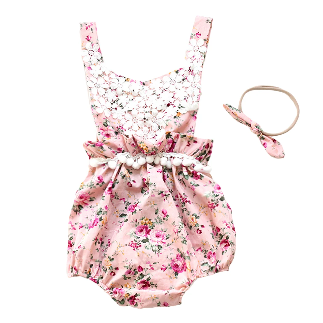 

New Sweet Infant Girl's Bodysuit Floral Cute Lace One-Piece Baby Bodysuit With Headband For Infant