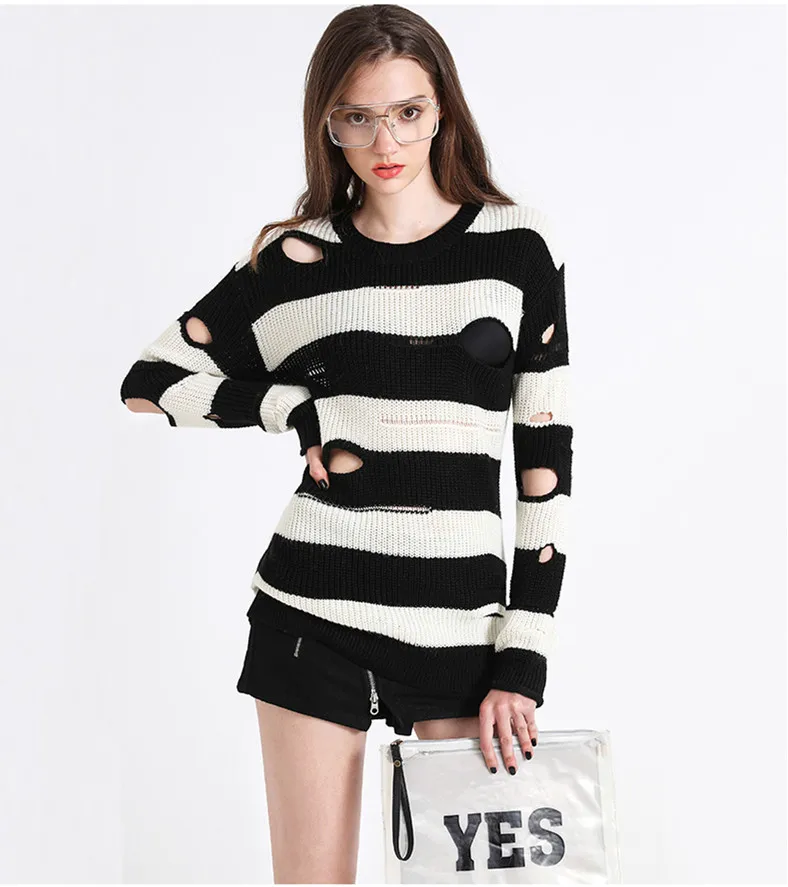 2021 designer womens striped Sweater Long Pullover Loose Hole ripped chic Sweaters Knitted Jumpers sexy casual tops runway tunic | Женская
