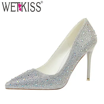 

WETKISS Sequined Cloth Crystal Pumps Women Pointed Toe Footwear Shallow High Heels Shoes Female Wedding Bling Shoes Woman Spring
