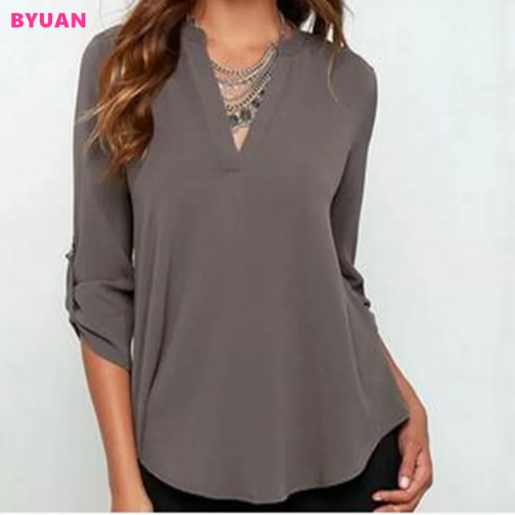 

Womens Chiffon Blouses and Tops Fashion Plus Size Feminina Camisas Blusas Large Sizes for Women V-neck 3/4 Sleeve Female Shirts