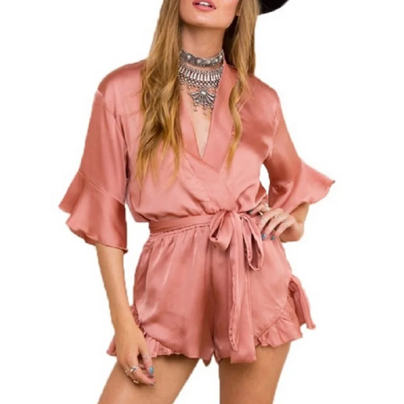 

Naiveroo Summer Satin Sleepwear Ruffles Elegant Women Jumpsuit Romper Deep V Neck Short Sleeve Sexy Playsuit Bow Beach Overalls