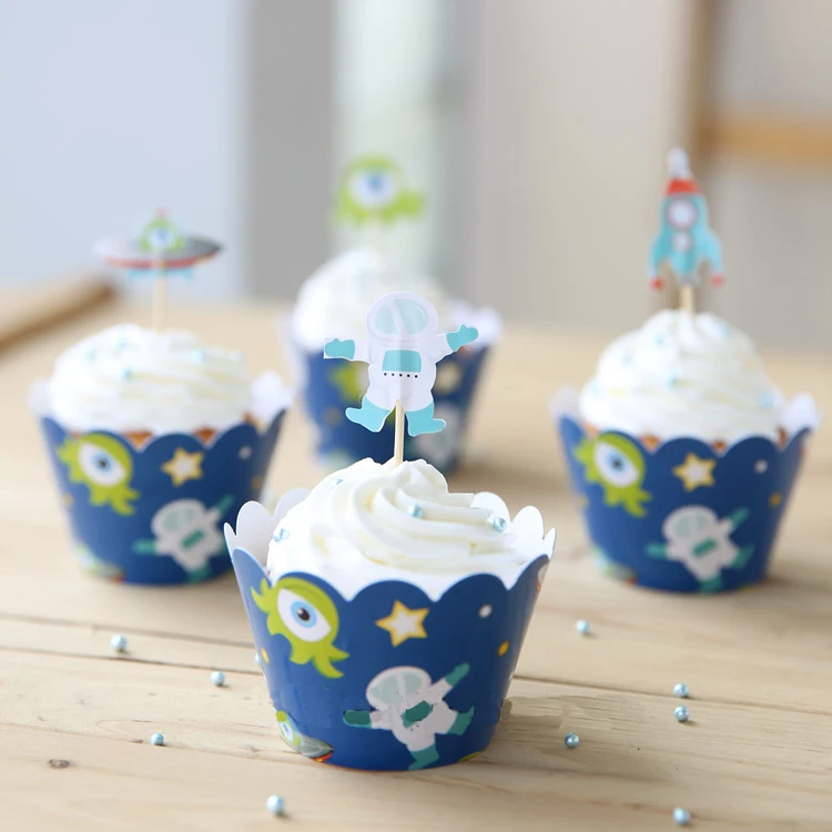 

Outer space cupcake wrappers birthday decoration for kids 12 wrappers+ 12 insert cards baking tool