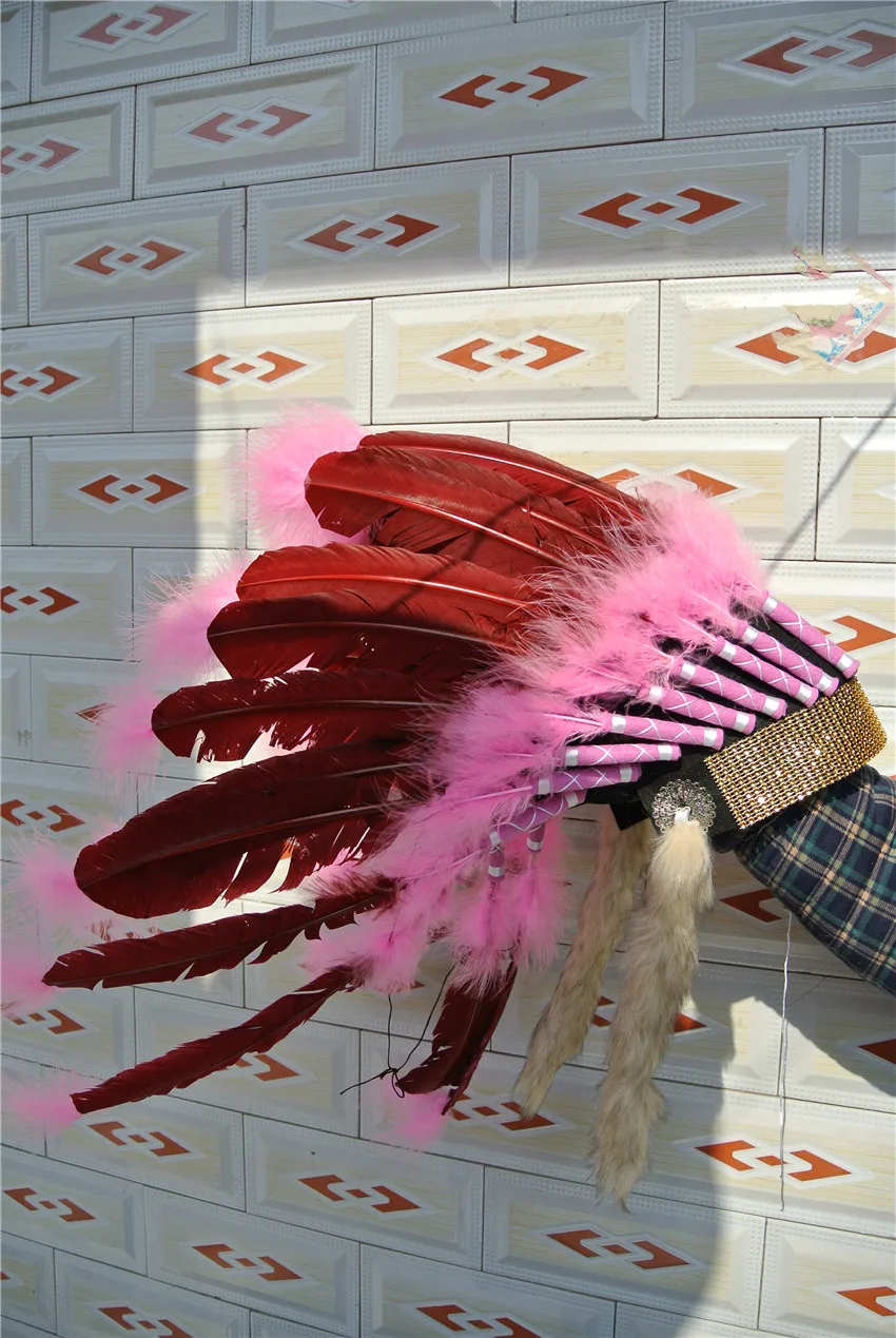 

Burgundy indian feather headdress Hand made indian war bonnet american costumes feather hat