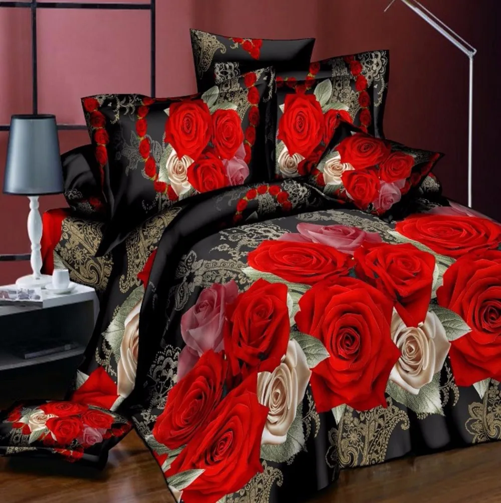 

Free shipping Queen 4Pcs size Luxury 3D Rose Bedding setS Red color Bedclothes Comforter Cover Set Bed sheet Pillowcase fo