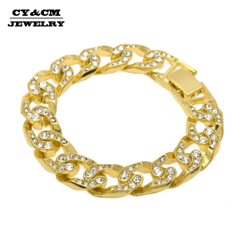 

CY&CM 15mm Hip Hop Men Rhinestone Bracelet Iced Out Cuban Links chains Silver Bracelet for Bangle Male Alloy Gold Color Jewelry