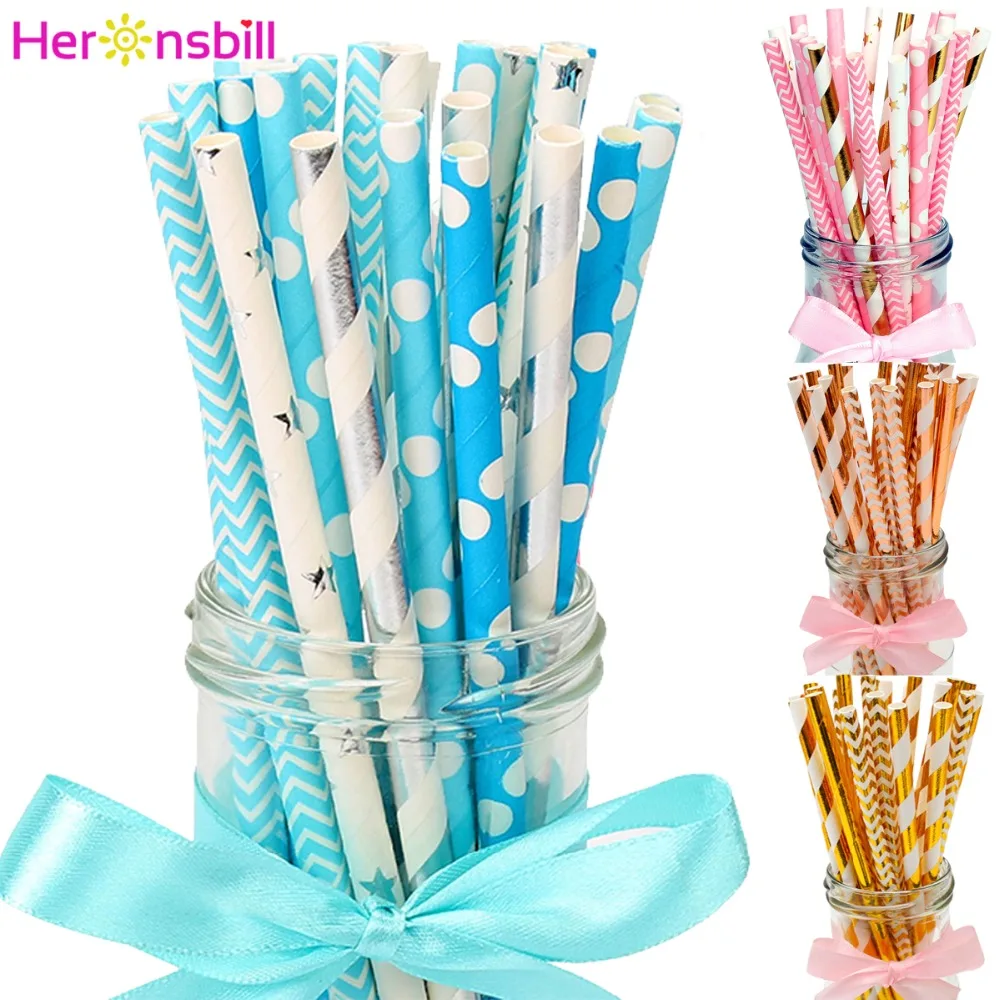

Heronsbill 25Pcs Paper Drinking Straws Baby Shower Boy Girl Birthday Wedding Party Decorations Kids Adult Table Supplies Gold