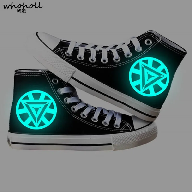 

WHOHOLL The Avengers Iron Man Print Canvas Fluorescence Man Women Couples Casual Shoes Luminous Lace Up Black High Top Sneakers