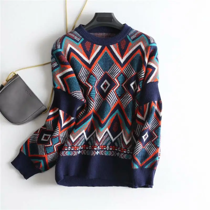 Этнический вязаный свитер контрастного цвета с геометрическим рисунком, винтажный осенний женский короткий пуловер с круглым вырезом, трикотажный джемпер, топы - Цвет: Тёмно-синий