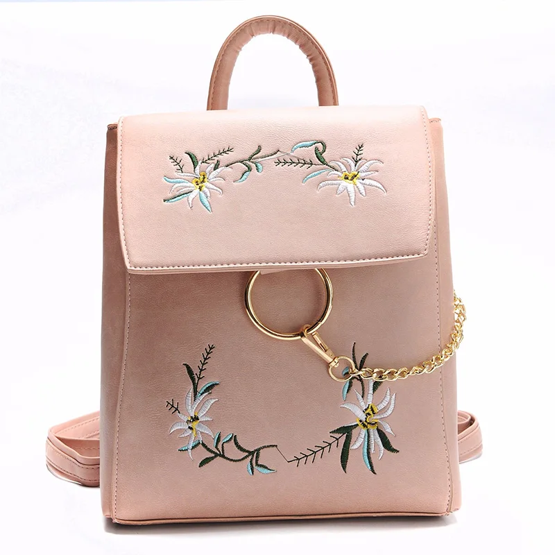 

Women Backpack Leather Female Teenage Backpacks For Girls Embroidered Flower Chain Fashion Cute Ladies Backpack For School Bags