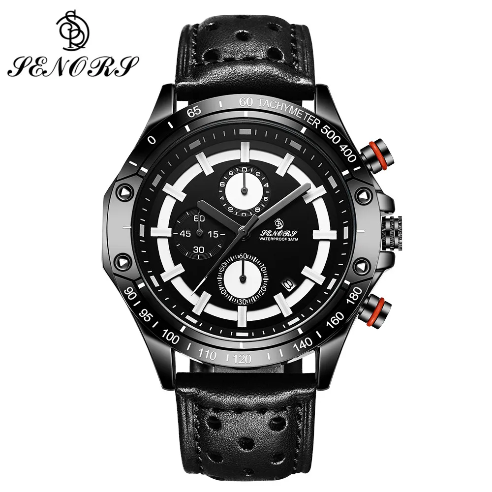 

SENORS Big Face Black Chronograph Watch For Men Leather Band Two Tone Multi Function Auto Date Calendar Male Quartz Wristwatches