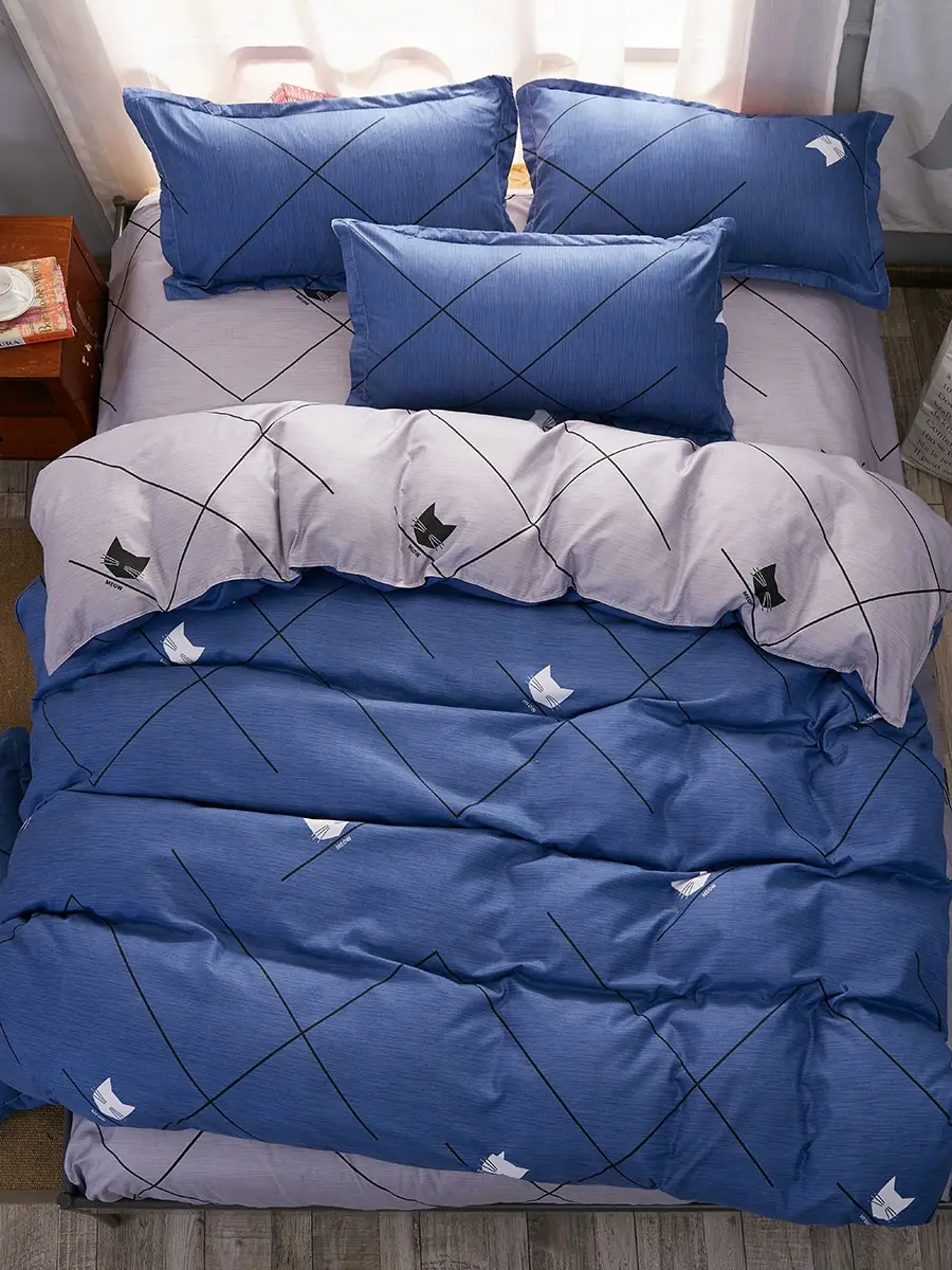 

4Pcs Duvet Covers Set Comfortable Blue Cartoon Cat Cozy Bed Cover Set