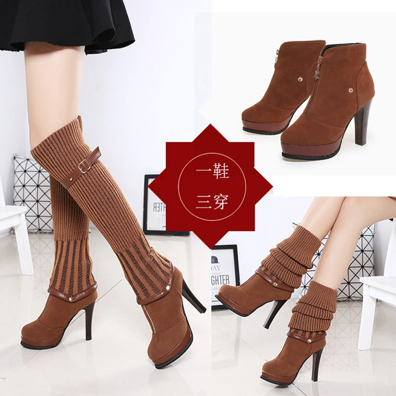 three ways wear platform over the knee knitting boots women thick heel elastic slim leg high long botas woman riding | Обувь