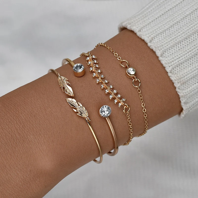 

Rhinestone Bracelet Combination Of Four Pieces Bracelet Women's Fashion Leaf Bracelet Set Accessories