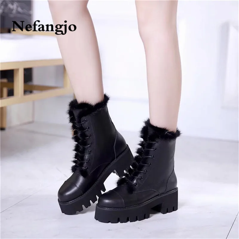 

Nefangjo 2018 Winter Women Boots Fashion Genuine Leather Lace-Up Warm Snow Boots Casual Thick Bottom Non-Slip Ankle Martin Boots