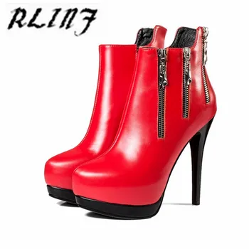 

RLINF Waterproof Platform Super High Heel Leather Hate High Stiletto Martin Boots Booties