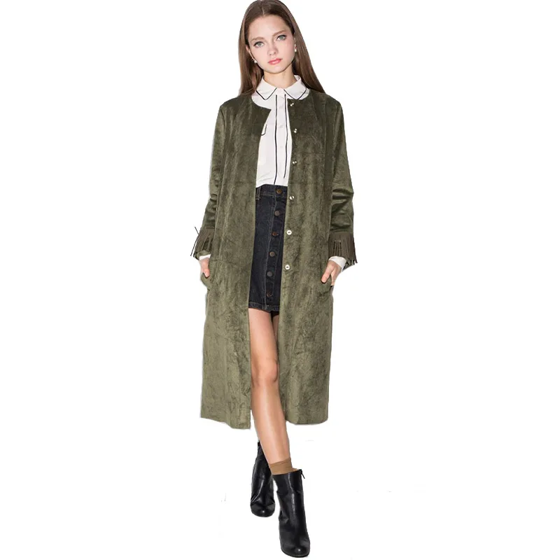 

Women Single Breasted Apparel Autumn Green Trench Female Tassel Slim Longline Coat Double Pockets Casual Trench Outwear