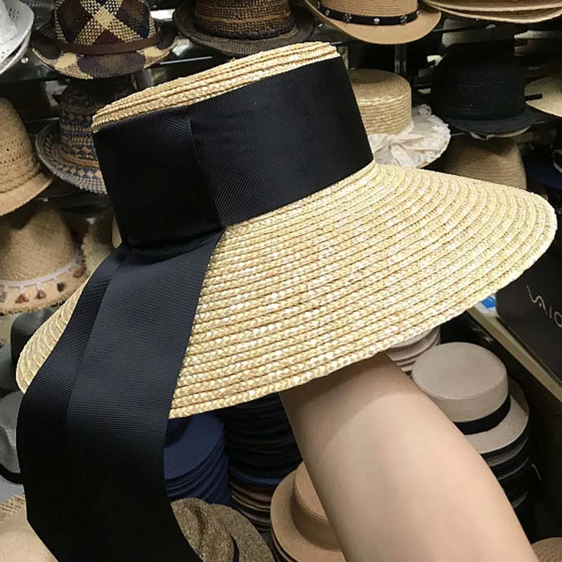 Women Classical Wheat Straw Hat Summer Cap 18cm Large Wide Brim Sun Hat Elegant Floppy Ribbon Beach Hat Vocation Derby Hat - Цвет: 12cm brim style5