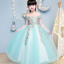 Элегантное свадебное платье с открытыми плечами для девочек; вечерние платья принцессы из тюля с кружевной аппликацией для дня рождения; платье для первого причастия для девочек