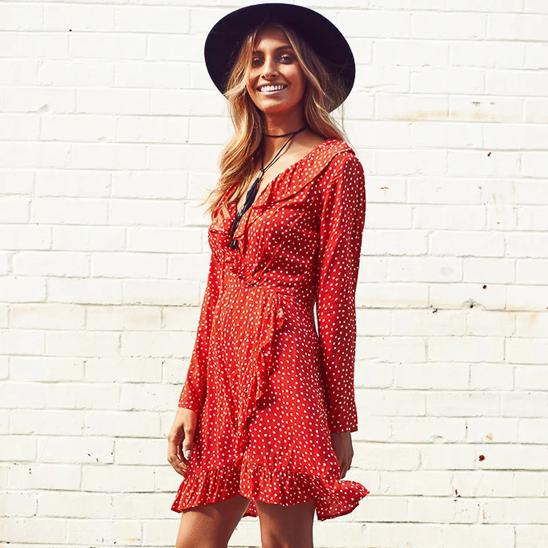 Polka-dot-imprim-boho-robe-Boh-me-chic-femmes-profonde-v-neek-ruches-robe-courte-Wrap (2)