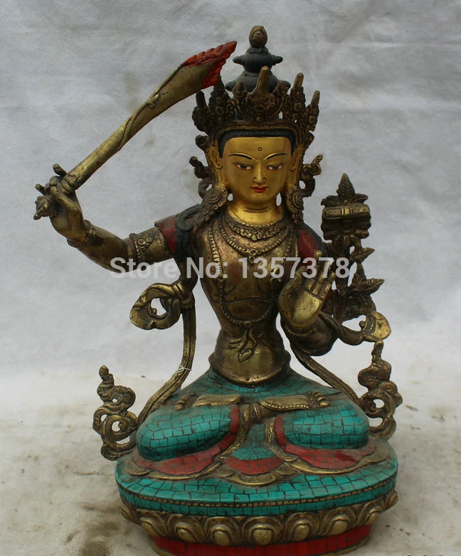 

shitou 00531 14" Tibetan Buddhis turquoise Red Coral Bronze Gild Seat Wenshu Manjushri Statue
